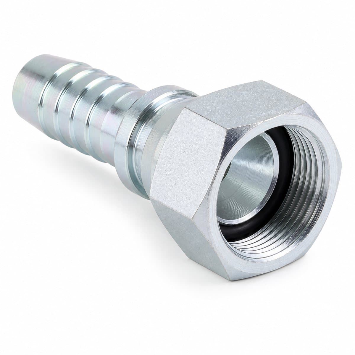 DIN heavy metric 24° female swivel crimp fitting for braided hose, straight with O-ring nut