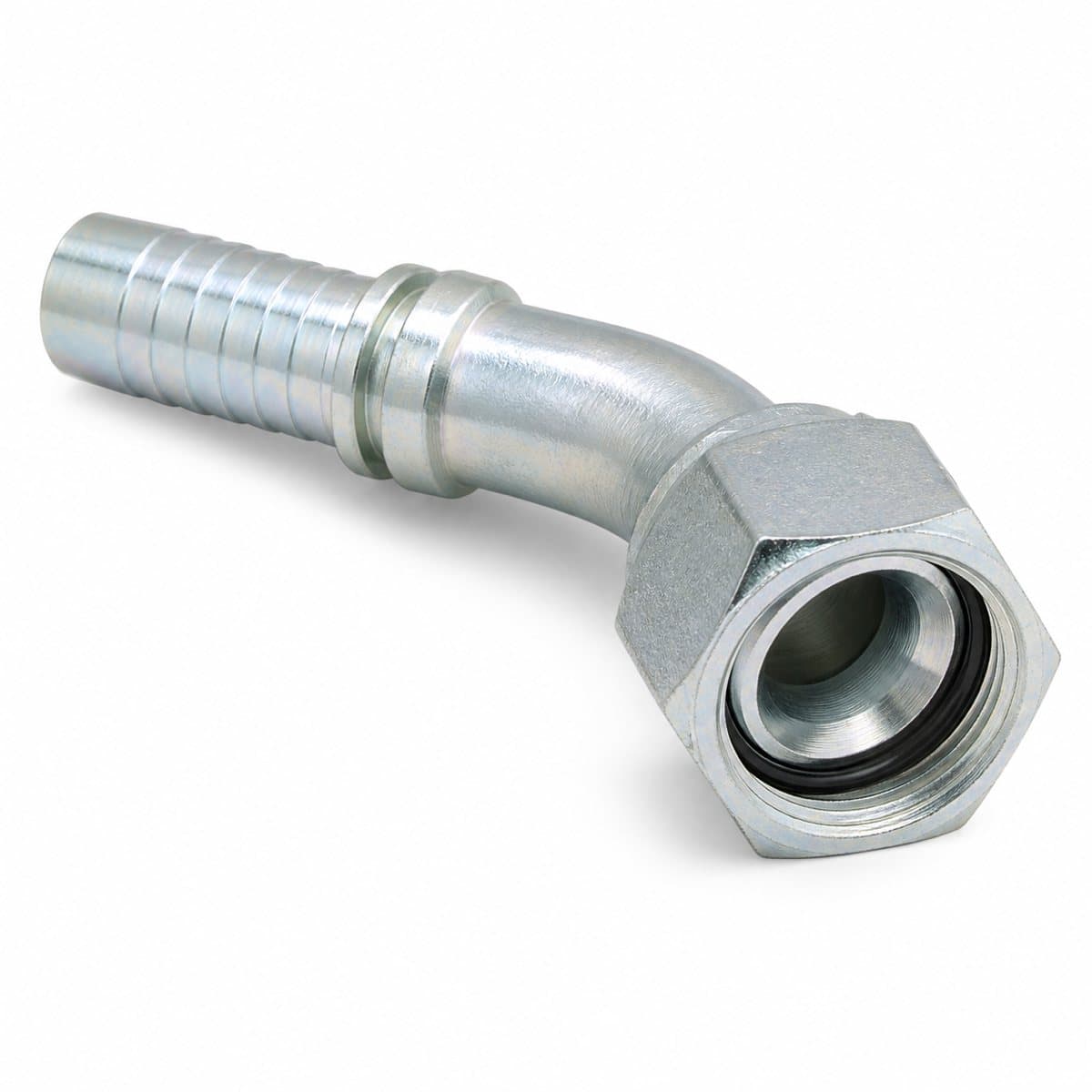 DIN heavy metric 24° female swivel crimp fitting for spiral hose, 45° elbow with O-ring nut