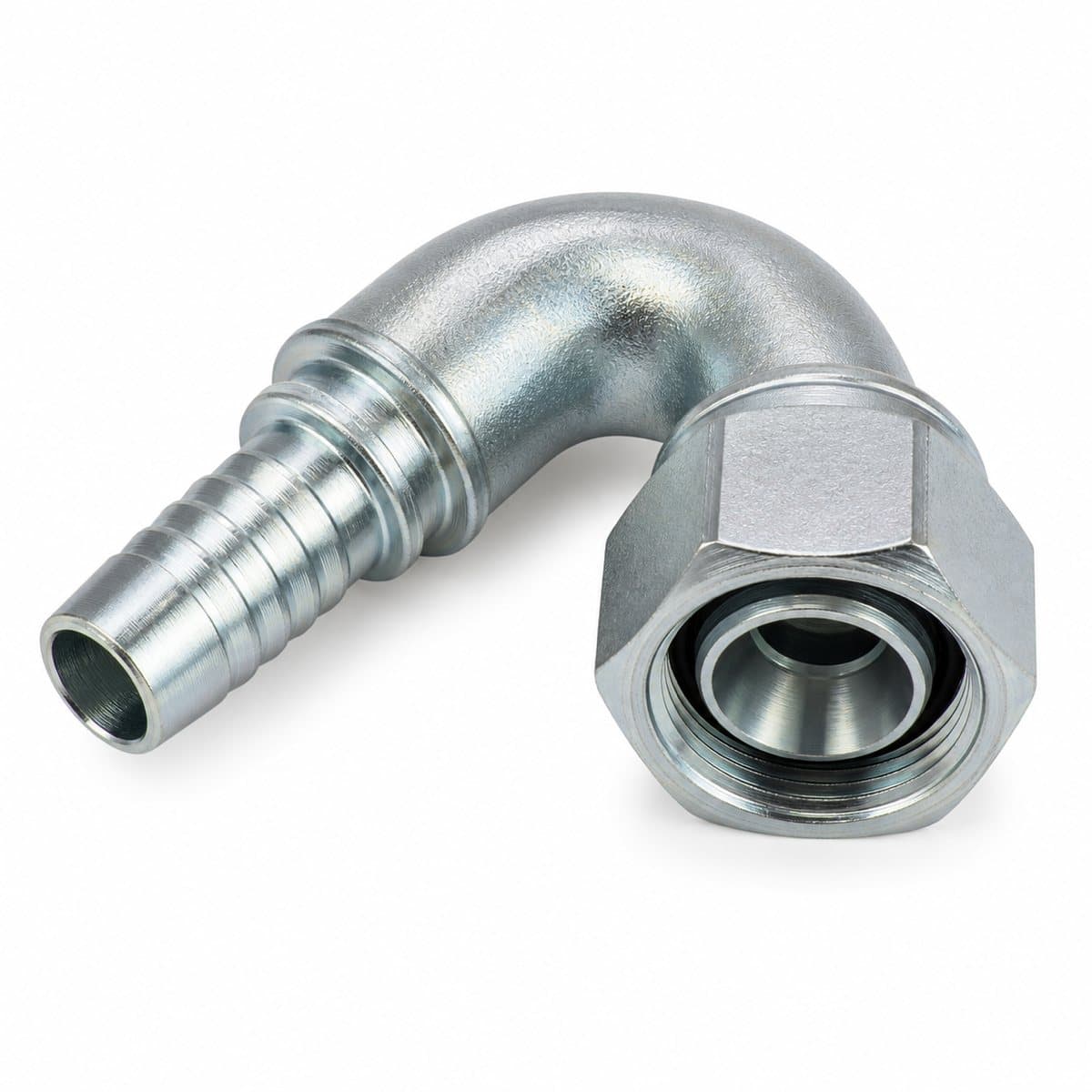 DIN heavy metric 24° female swivel crimp fitting for braided hose, 90° elbow, zinc-plated steel