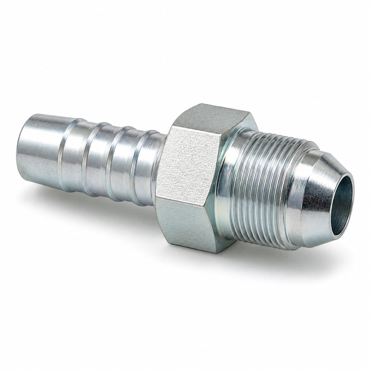 DIN heavy metric 24° cone male crimp fitting for braided hose, straight, zinc-plated hex body