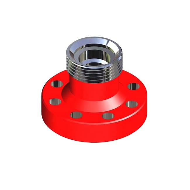Red API 6BX 10K adapter flange with a 1502 female Weco wing-union thread on top