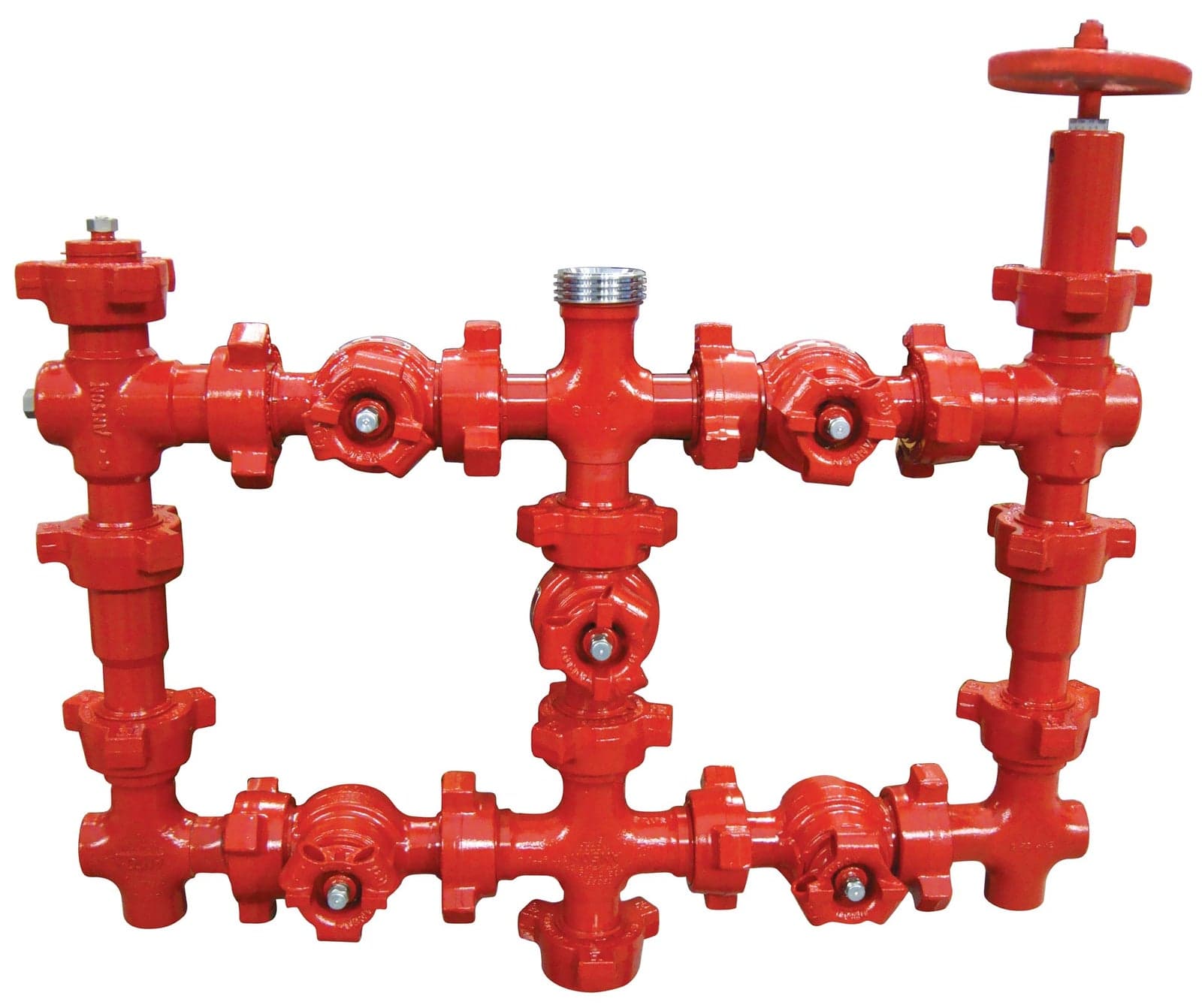 Red flow-iron manifold with crosses and valves (1502 cross listing)