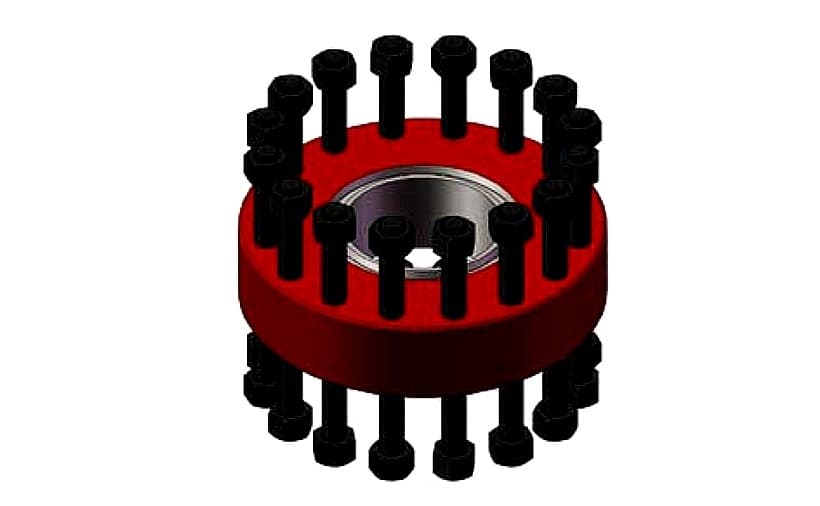 Red API 6B 5K × 3K double studded adapter with studs and nuts fitted