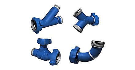 Blue 1502 flow-iron fittings: wye, tees and long-radius elbow (90° LR elbow listing)