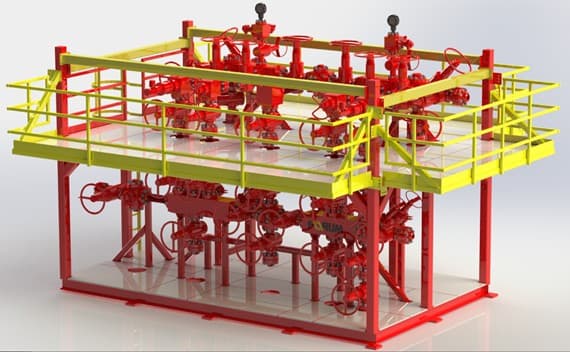 Dual-stage 1502 choke manifold on a skid with yellow walkway, 10,000 psi sour