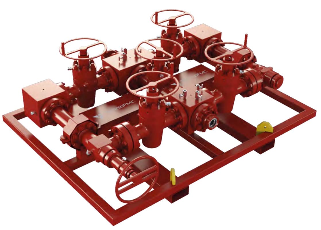 Red dual-stage 1502 choke manifold on a skid frame, 15,000 psi