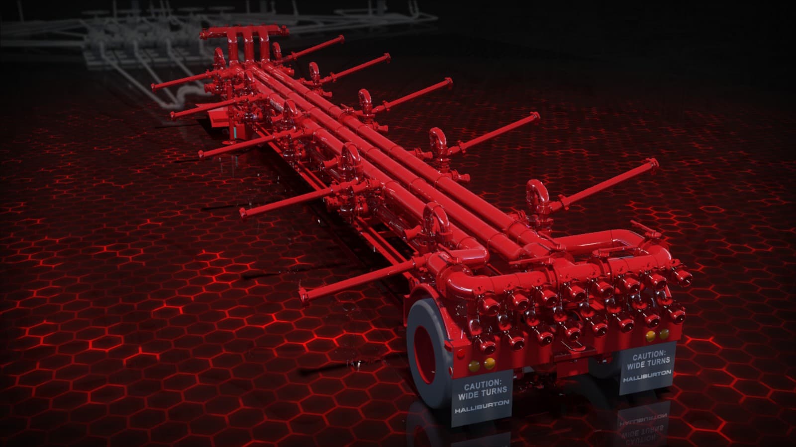 Red 8-well multi-well manifold layout render, 1502, 10,000 psi sour