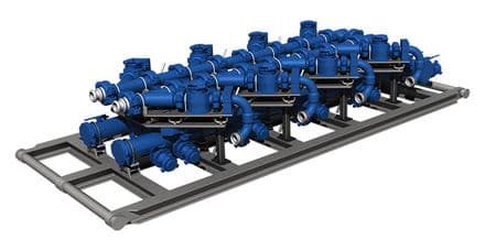 Blue 8-well multi-well manifold on a skid frame, 1502, 15,000 psi