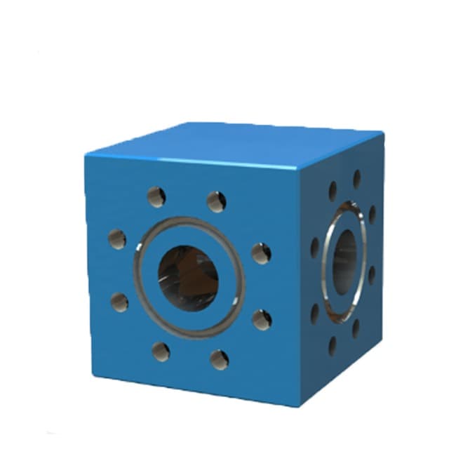 Blue studded cross / tee block, API 6BX 10K and 15K, studded flange faces