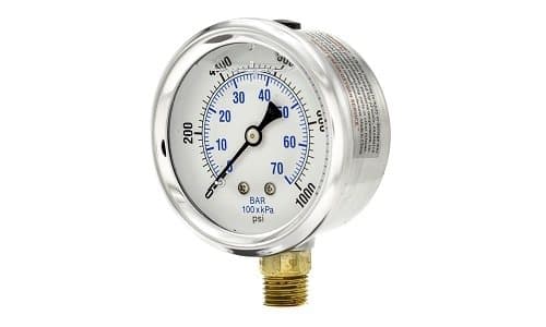 2-1/2 inch glycerin-filled pressure gauge, stainless case, bottom (lower) mount, dial view