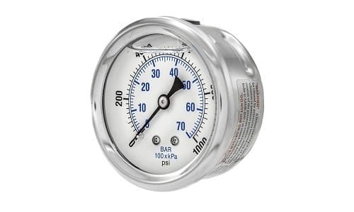 2-1/2 inch glycerin-filled pressure gauge, stainless case, centre back mount, dial view