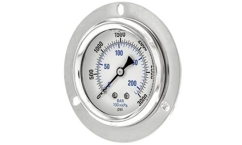 2-1/2 inch glycerin-filled pressure gauge, stainless case, centre back mount with front flange, dial view