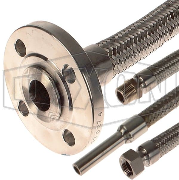 Close-pitch braided metallic hose assemblies with flange and threaded ends