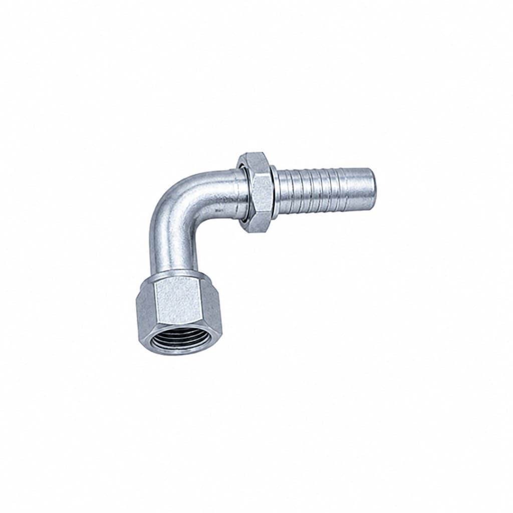 90° Komatsu-type JIS metric 30° female swivel hose fitting, zinc-plated steel with crimp tail