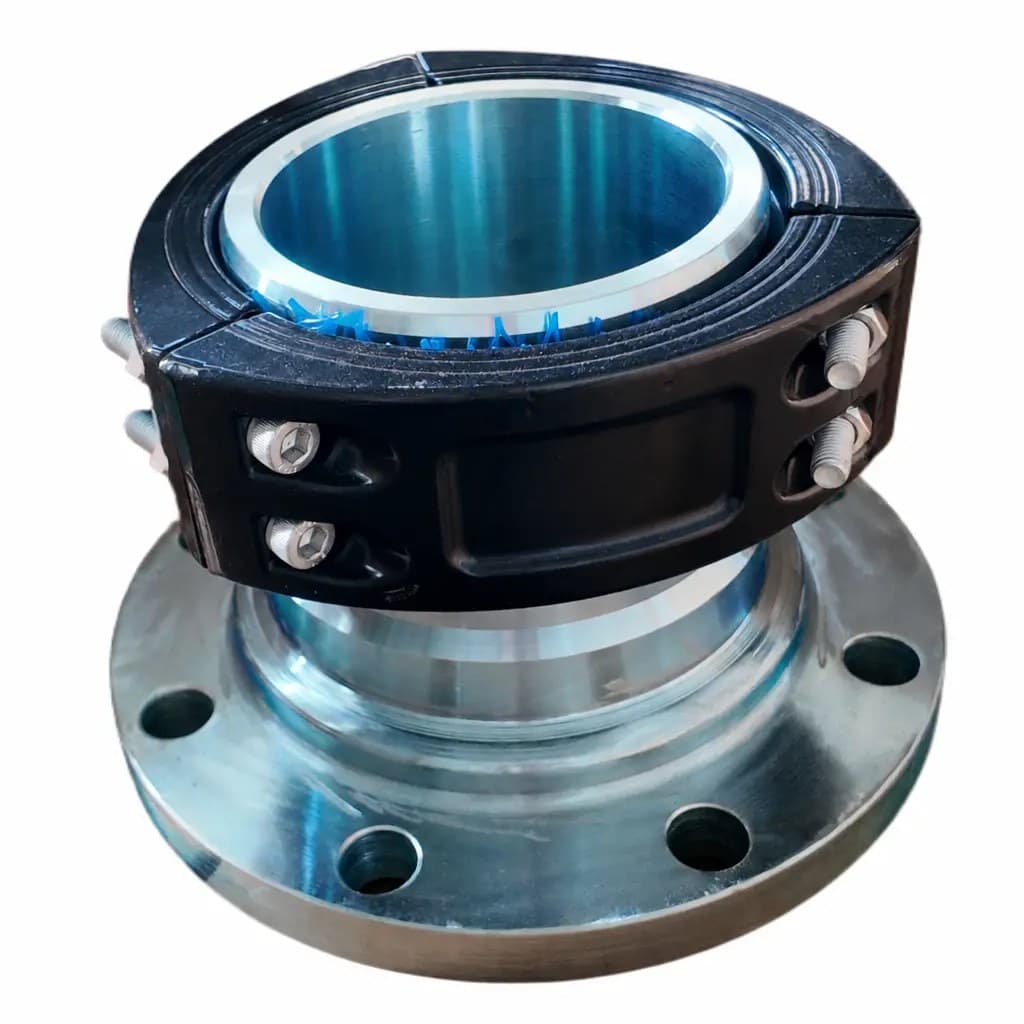 Flanged lay flat hose coupling with black bolted clamp halves and drilled flange