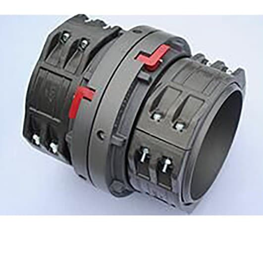 Two large-bore Storz lay flat couplings locked together, red locking levers