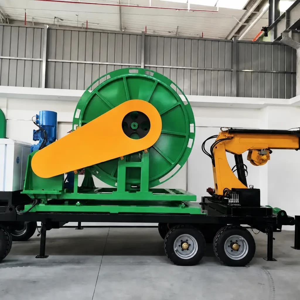 Large green riser hose reel with yellow swing arm on a road trailer with crane