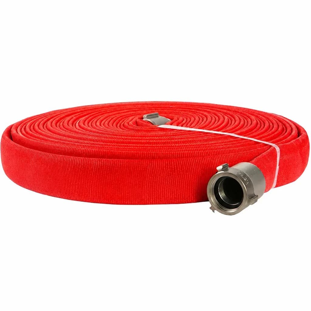 Red double-jacket fire hose with EPDM liner, coiled with a coupling, side view