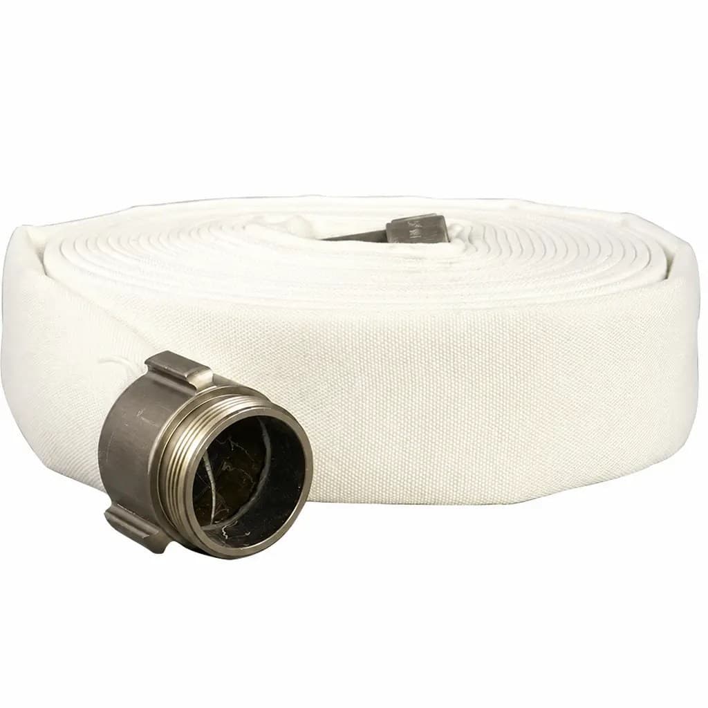 White double-jacket rubber-lined fire hose coil with an aluminium coupling