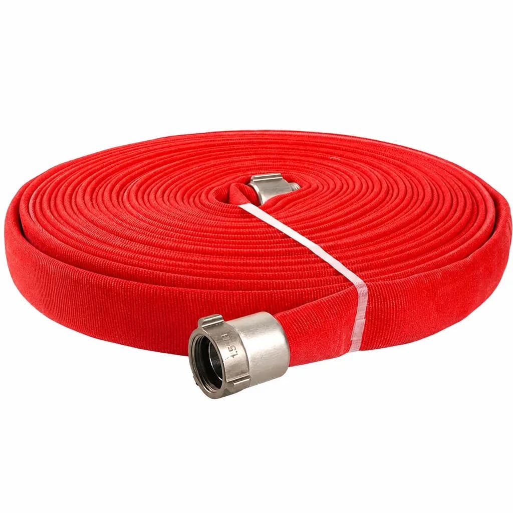 Red double-jacket polyurethane-lined fire hose coil with coupling, angled view