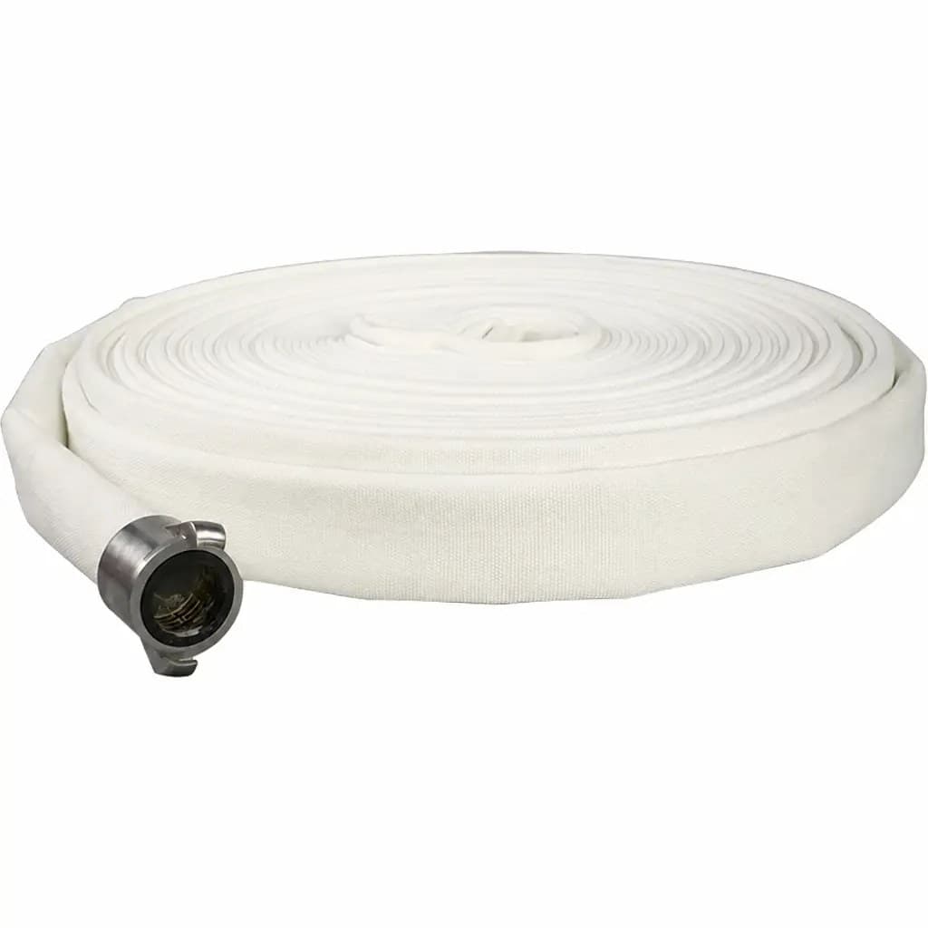 White single-jacket forestry fire hose with small coupling, coiled