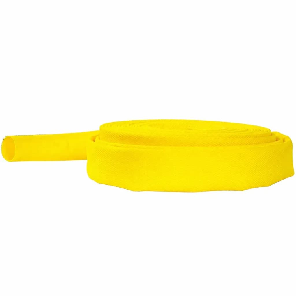 Yellow PU-coated forestry fire hose coil with its end pulled out