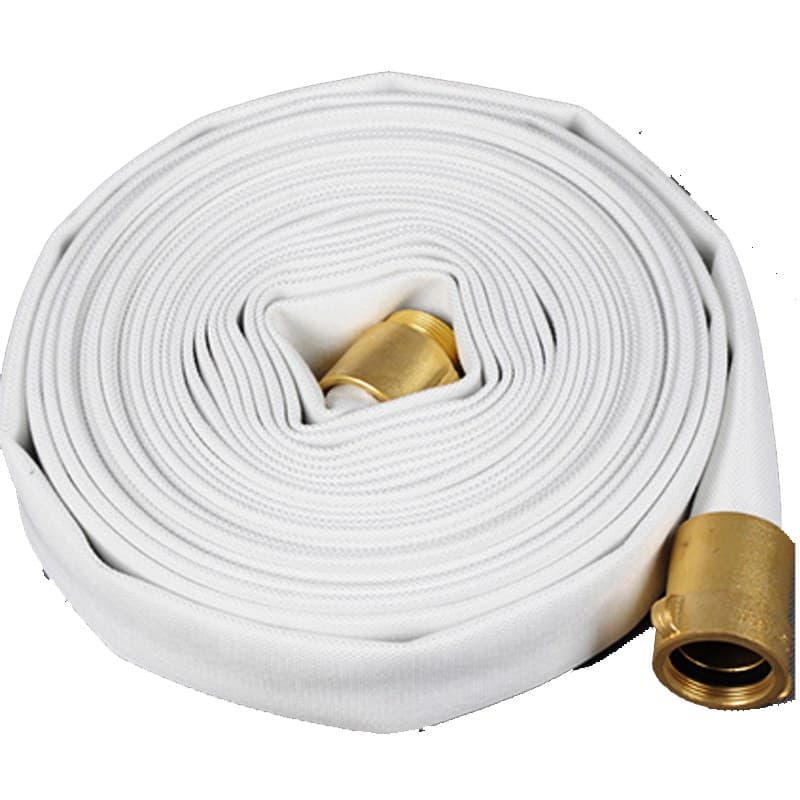 White rack and cabinet fire hose rolled with brass couplings, cut-out