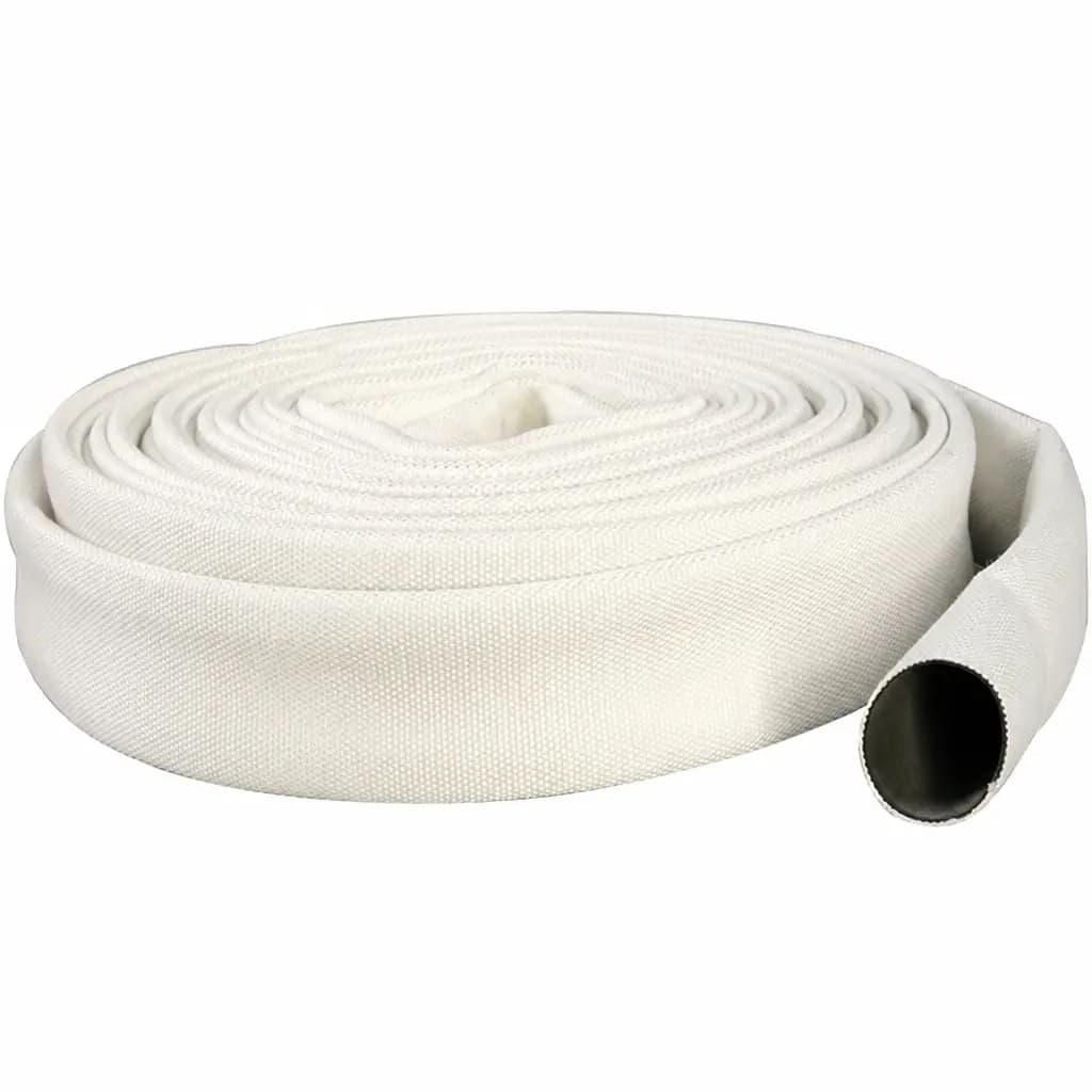White single-jacket rubber-lined industrial fire hose, coil with open end