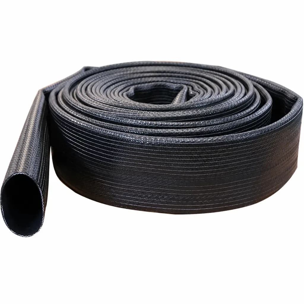 Black NBR lay flat discharge hose with ribbed cover, coiled with open end