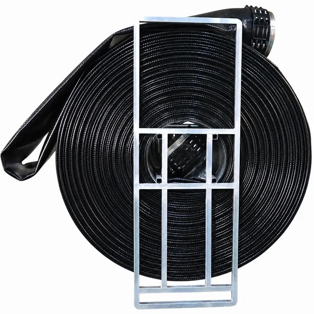 Black TPU lay flat dewatering hose wound on a galvanised steel transport frame
