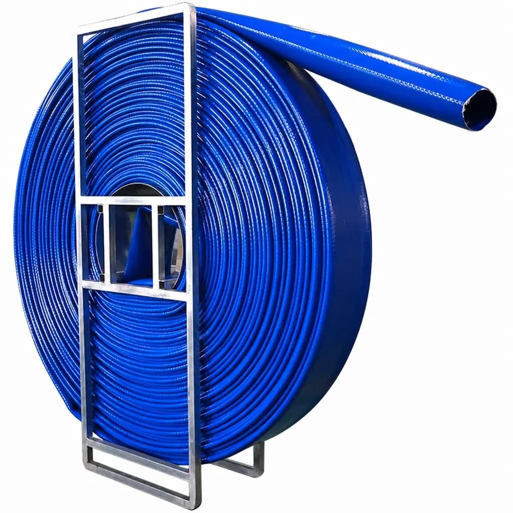 Blue TPU lay flat drinking water hose on a steel transport frame