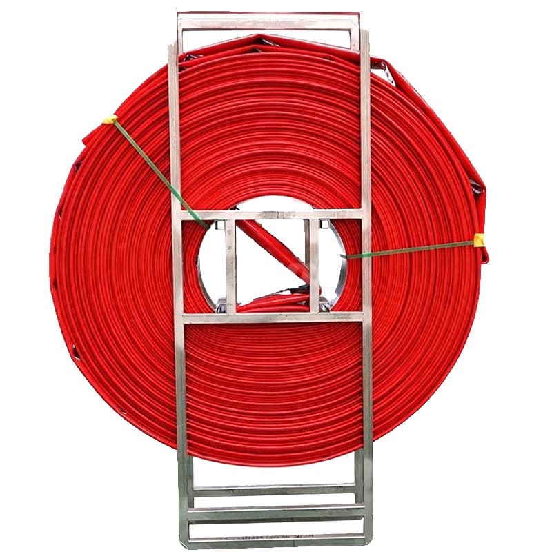 Red TPU lay flat slurry drag hose on a stainless steel transport frame