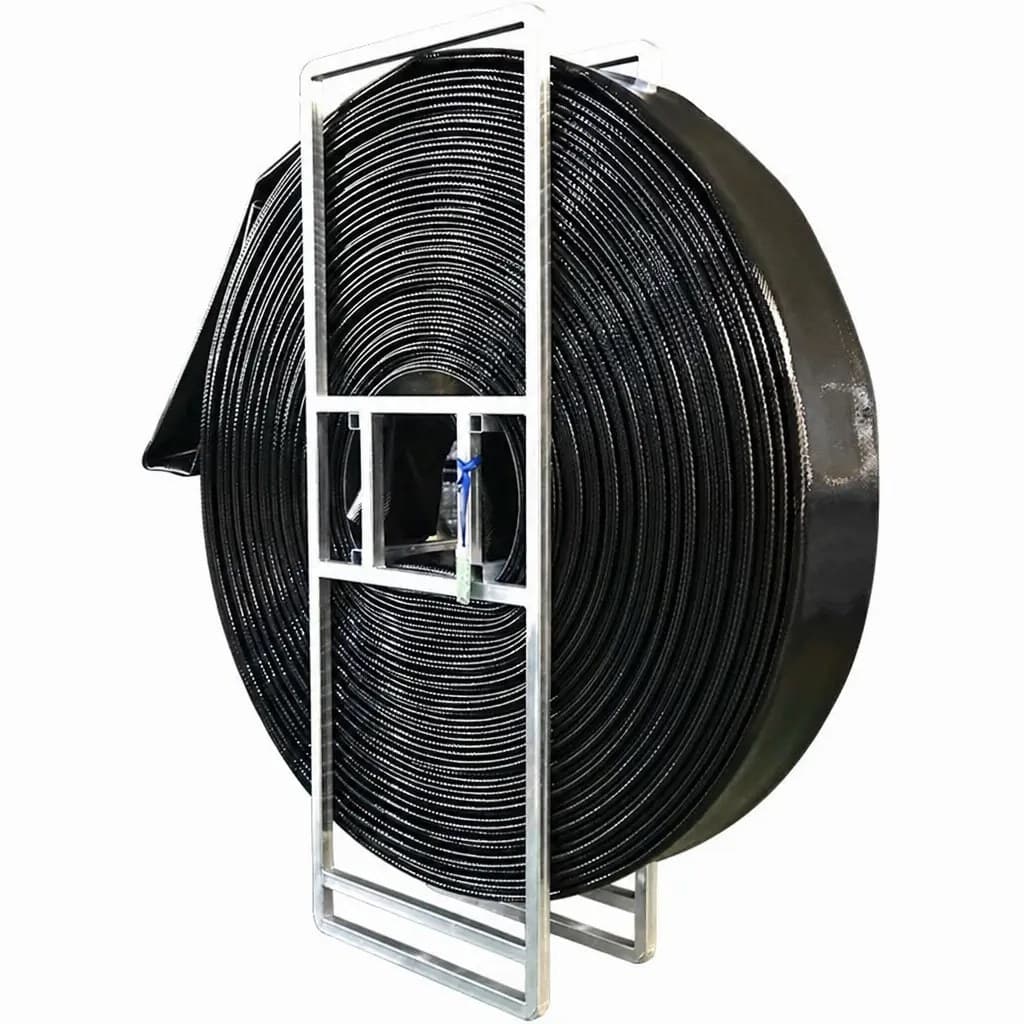 Black TPU lay flat slurry supply hose on a steel transport frame