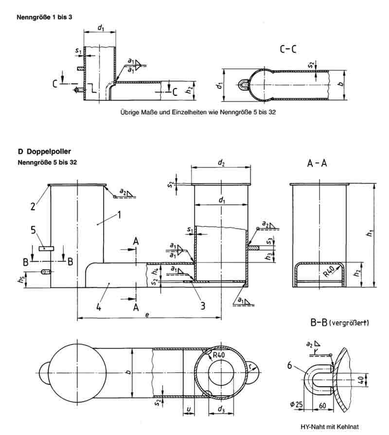 Marine Double Bollard DIN 82607-1995 — dimension drawing