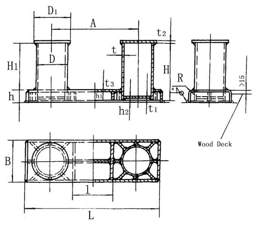 Marine Double Bollard GB/T 554-1996 Type A — dimension drawing