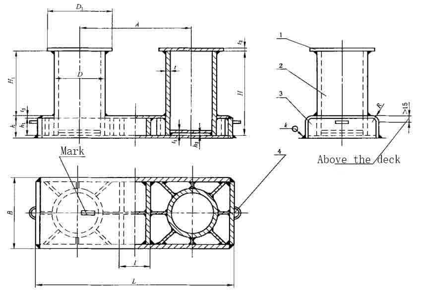 Marine Double Bollard GB/T 554-2008 Type A — dimension drawing