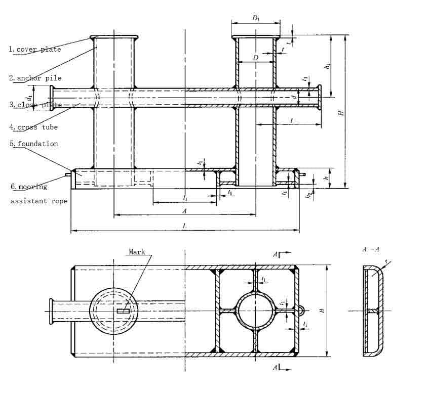 Marine Double Cross Bollard GB/T 554-2008 Type DH — dimension drawing
