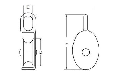 Die-Cast Pulley with Nylon Sheave — dimension drawing, single sheave, fixed eye