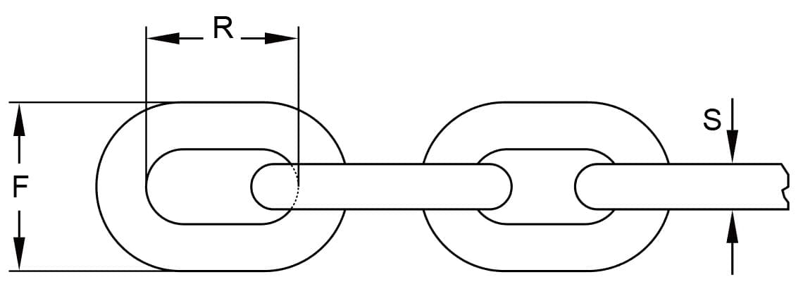 Proof Coil Chain — Australian Standard — dimension drawing, short link
