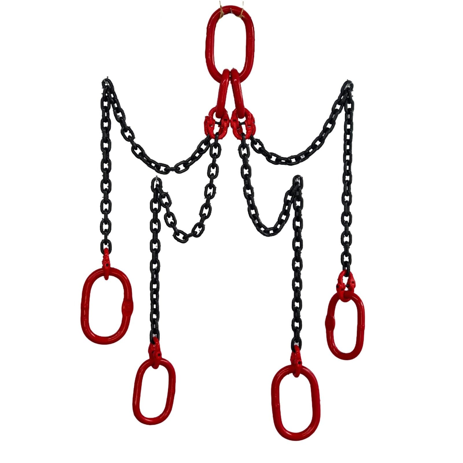Grade 80 chain sling with red oblong end links (four-leg sling shown for type DOO)