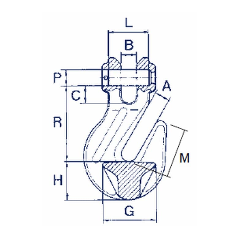 Grade 100 Clevis Grab Hook with Latch — dimension drawing