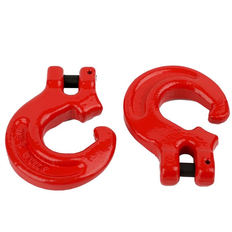 Red Grade 100 clevis foundry hooks, wide throat and clevis pin, two views