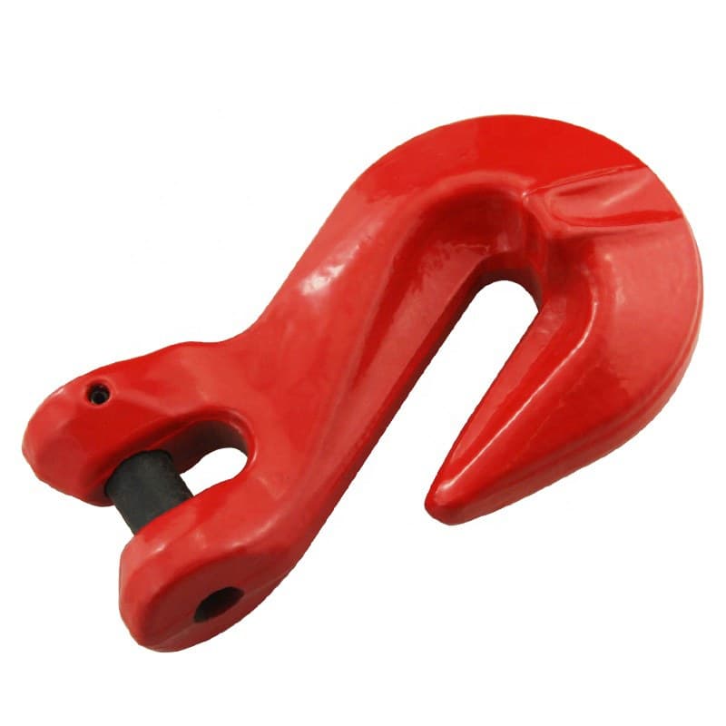 Red Grade 100 clevis grab hook with locking pin, narrow throat for chain