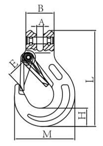 Grade 100 Clevis Sling Hook with Safety Latch — dimension drawing