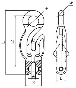 Grade 100 Eye Grab Hook with Clevis Attachment — dimension drawing