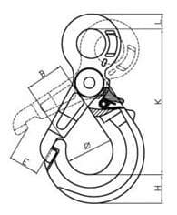 Grade 100 Eye Self Locking Safety Hook with Grip Latch — OBK Type — dimension drawing
