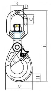 Grade 100 Swivel Self Locking Hook — dimension drawing