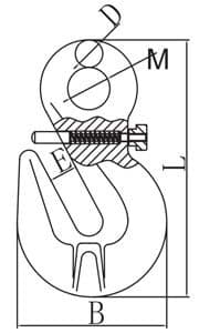 Grade 80 Eye Shortening Grab Hook with Safety Pin — dimension drawing