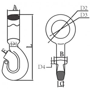 Grade 80 Twist Eye Choke Hook — dimension drawing