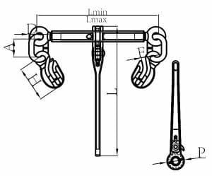 Grade 100 Ratchet Load Binder — dimension drawing, safety hooks